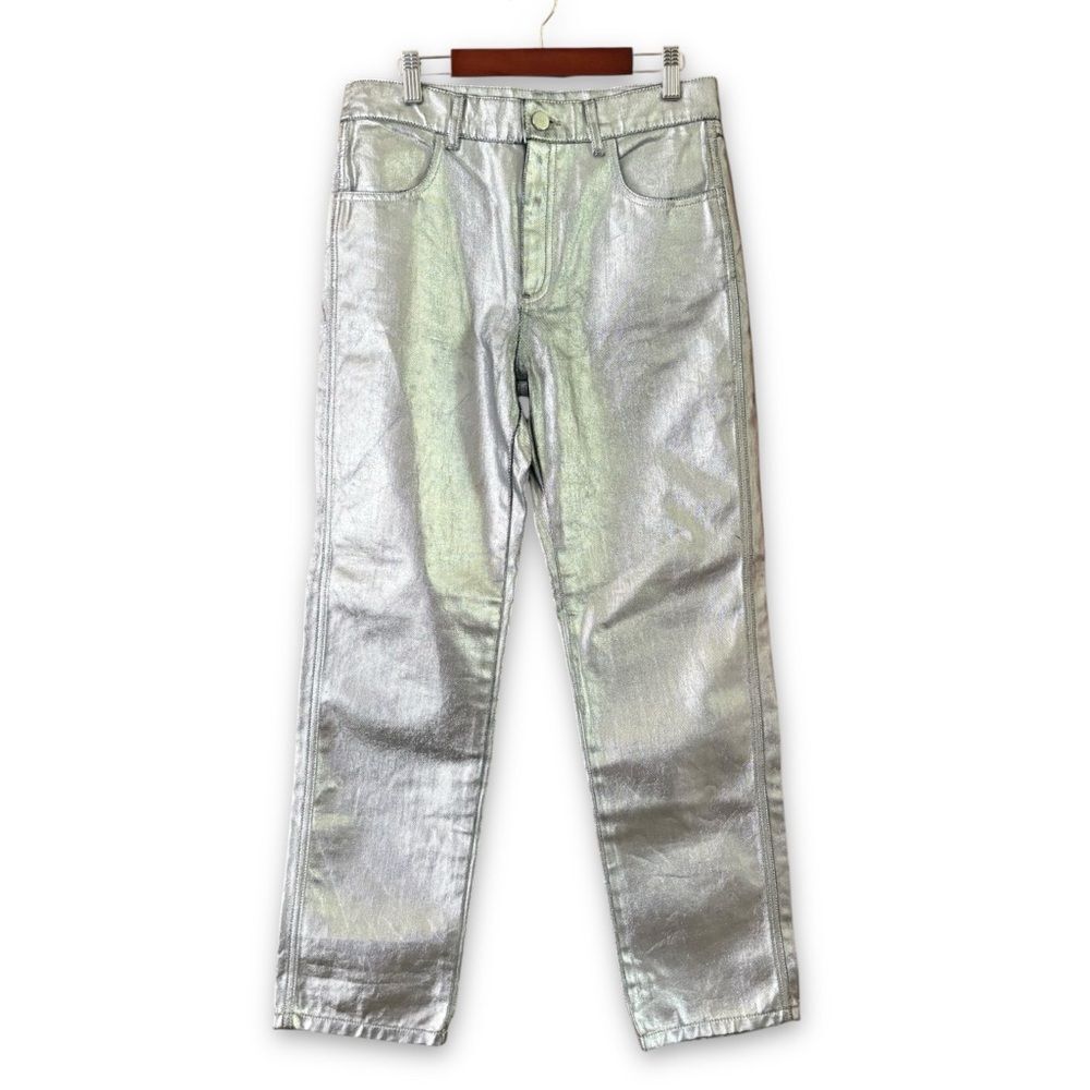 Roseanna Silver Metallic Coated Straight Leg Jeans NWT Size FR 36 (US 4)